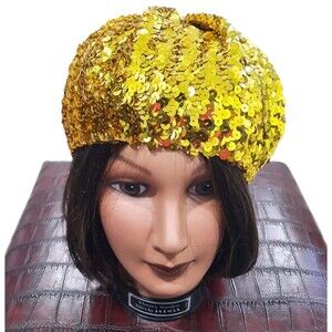 Vintage 1970s Disco Era Retro Gold Slouchy Stretchy Sequin Beret  One Size XLNT